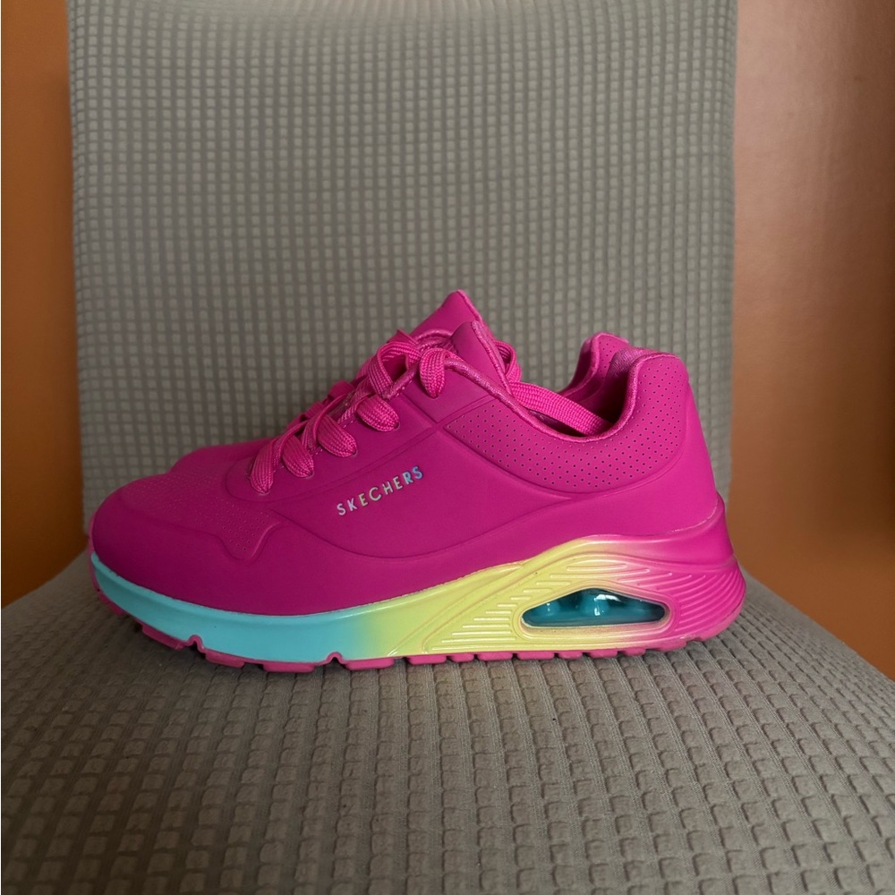 Skechers Hot Pink Gradient Air-Cushion Sneaker with Aqua & Yellow Accents